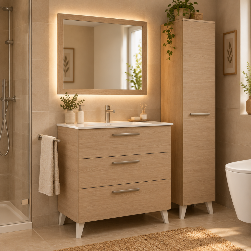 Baño nórdico cálido con vanity de madera